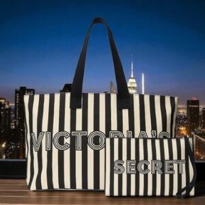 Victoria's Secret Logo Canvas Tote Bag & Wristlet - Black & White Stripes